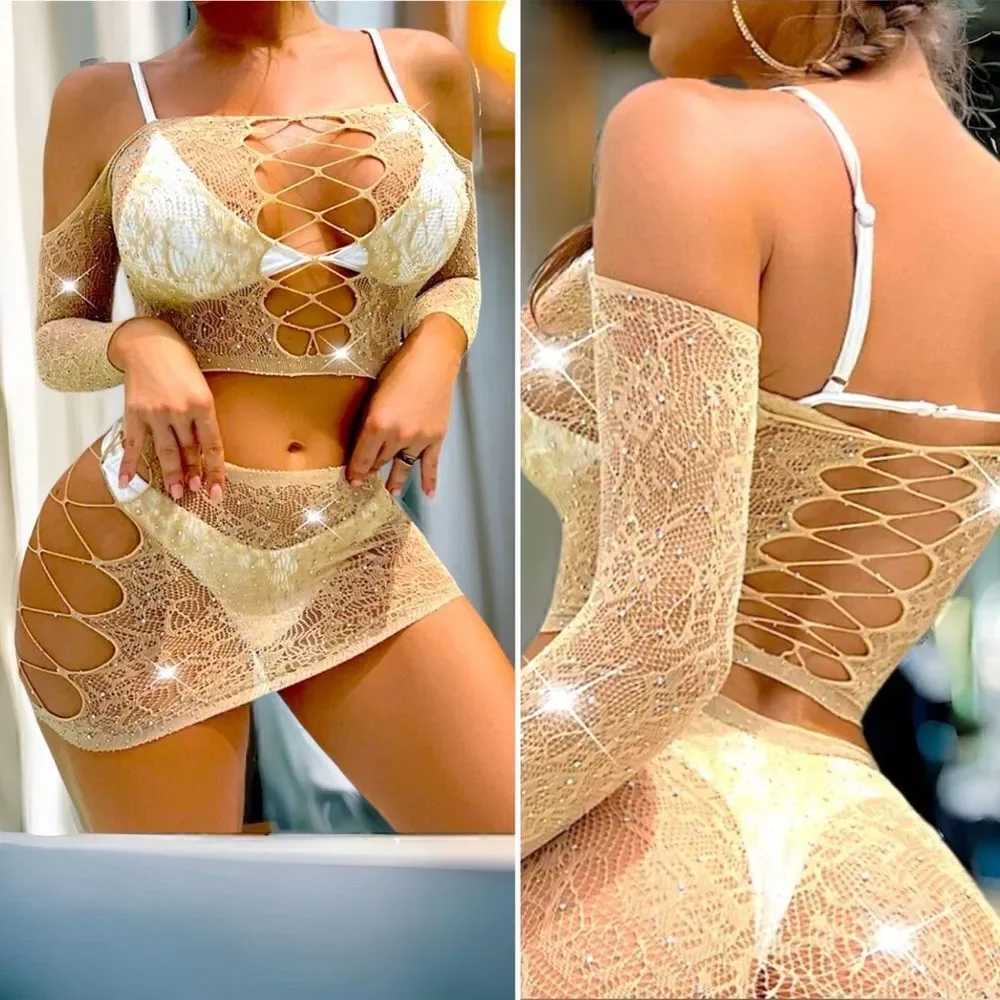 🔥2-Piece Set l Rhinestone Embellished l Cover up l Lingerie l OS l New
